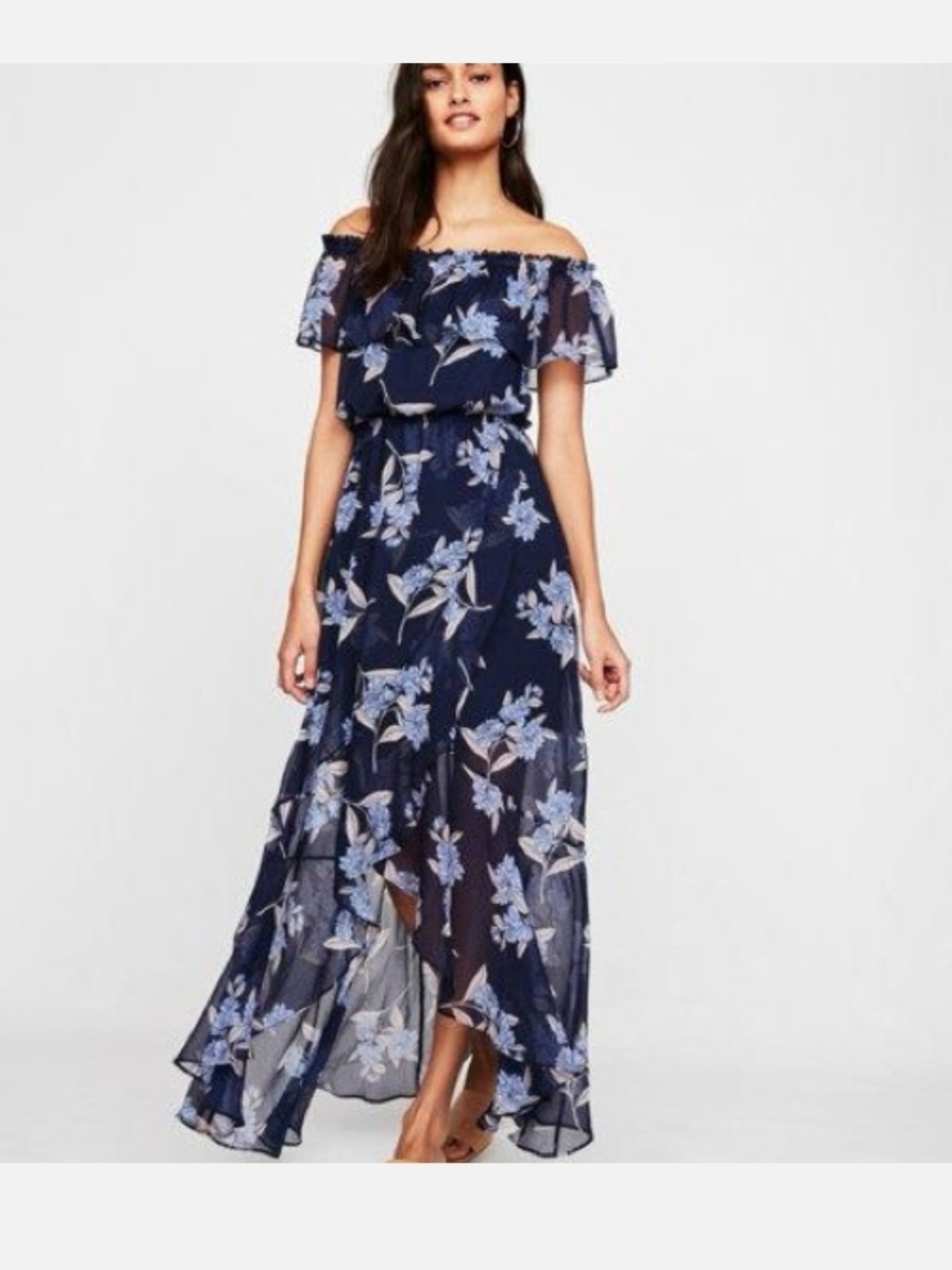 Express Navy Blue Off-Shoulder Floral Maxi Dress Formal Or Casual, XS